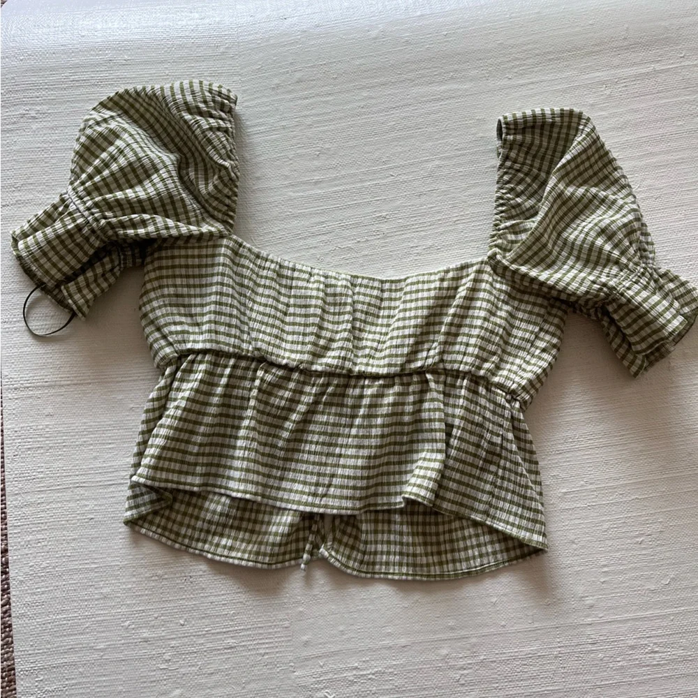 Reformation Olive Green Gingham Puff-Sleeve Tie-Front Top